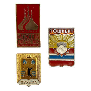 Lot of 3 USSR Moscow Tashkent Bukhara Gold Tone Lapel Pin Pinback Button